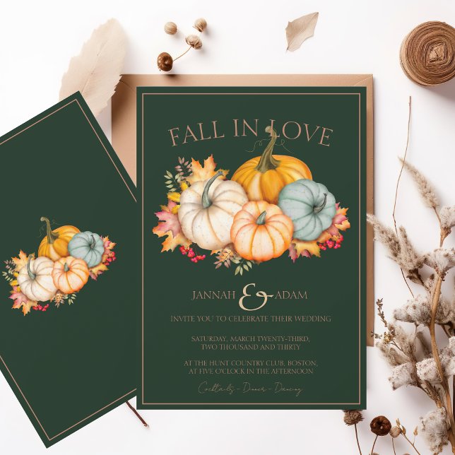Fall in Love Emerald Green Autumn Pumpkins Wedding Invitation (Creator Uploaded)