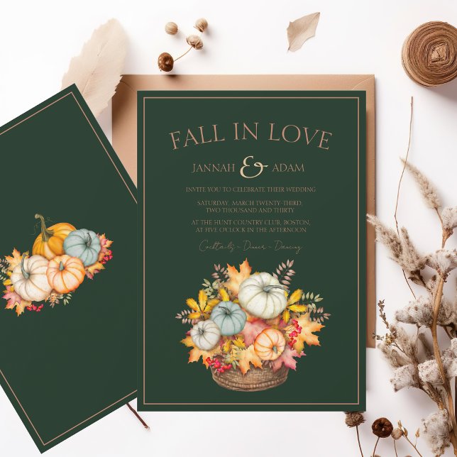 Fall in Love Emerald Green Autumn Pumpkins Wedding Invitation (Creator Uploaded)