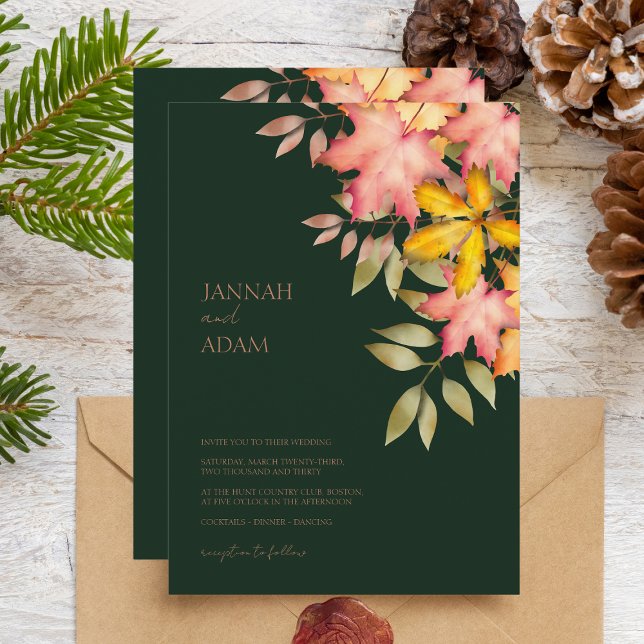 Fall in Love Emerald Green Fall Leaves Wedding Invitation (Creator Uploaded)