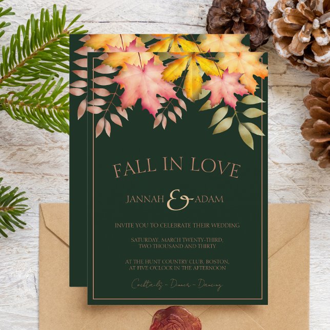 Fall in Love Emerald Green Fall Leaves Wedding Invitation (Creator Uploaded)