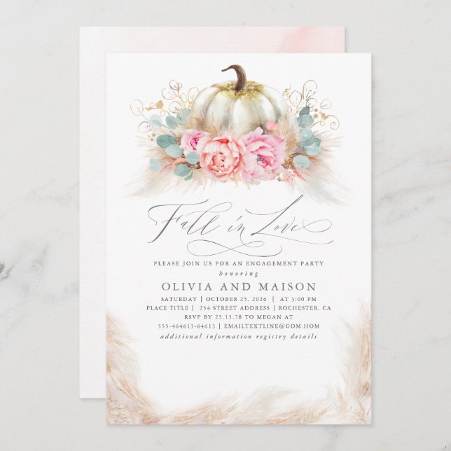 Fall in Love Engagement Party Pink Flowers Pumpkin Invitation (Front/Back)