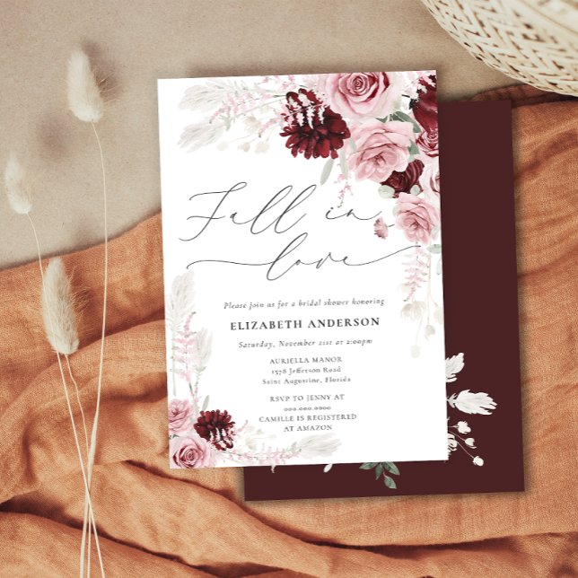 Fall in Love Fall Floral Burgundy Bridal Shower Invitation (Creator Uploaded)