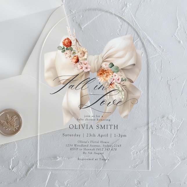 Fall in Love Floral Bow Modern Baby Shower Acrylic Invitations (Creator Uploaded)