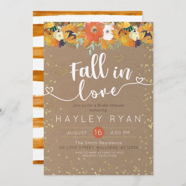 Fall in Love Floral Leaves Pumpkin Bridal shower Invitation (Front/Back)