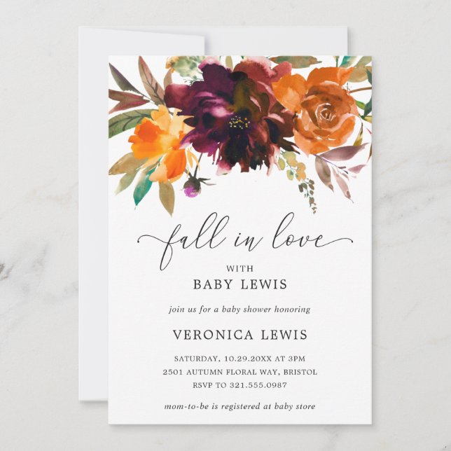 Fall in Love Floral Orange Burgundy Baby Shower Invitation (Front)