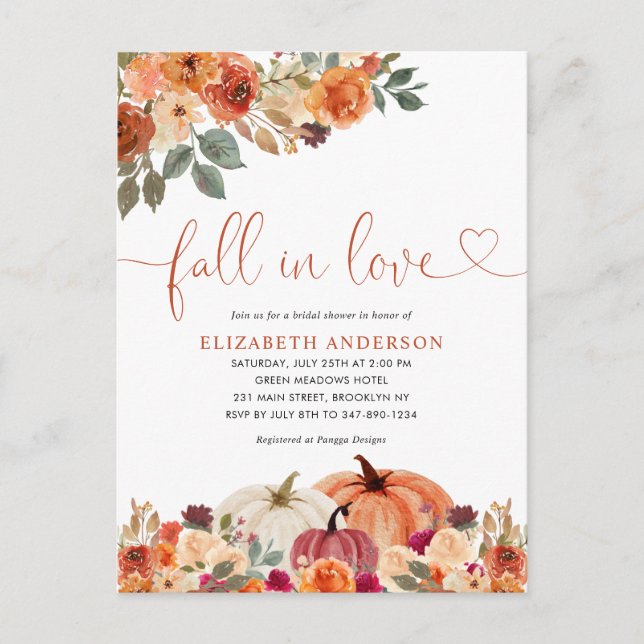 Fall in Love Floral Orange Pumpkin Bridal Shower Postcard (Front)