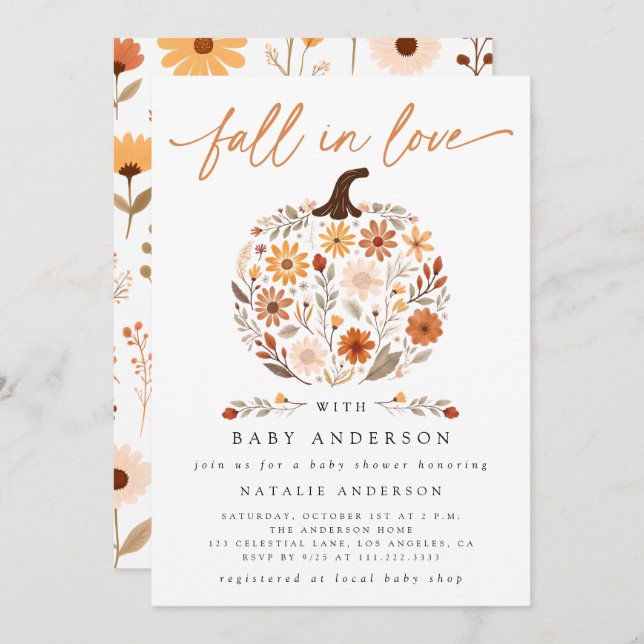 Fall in Love Floral Pumpkin Baby Shower Invitation (Front/Back)