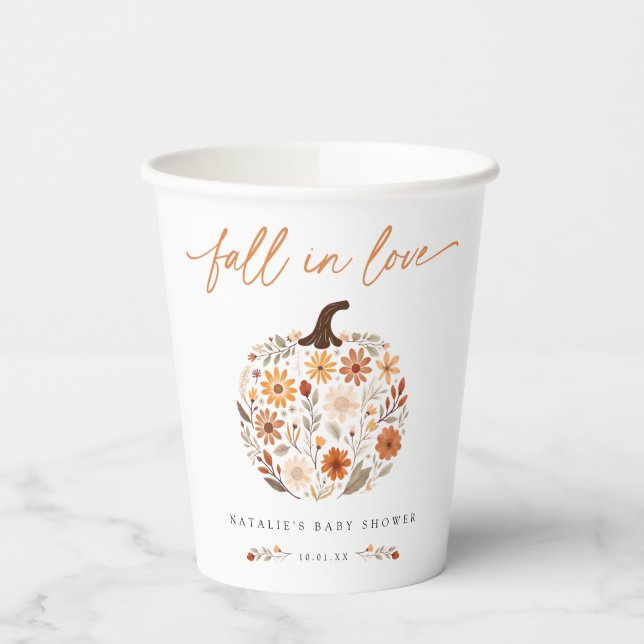 Fall in Love Floral Pumpkin Baby Shower Paper Cups (Left)