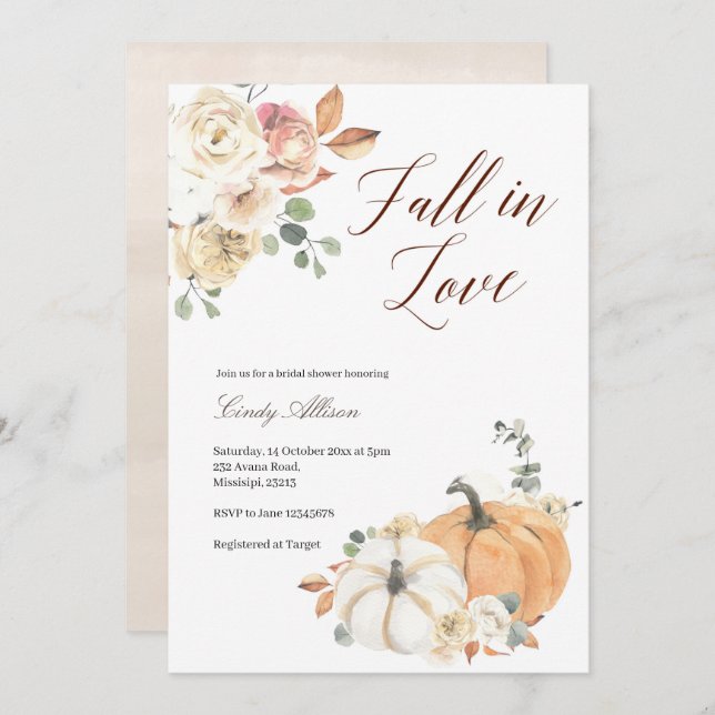 Fall in love floral pumpkin bridal shower invitati invitation (Front/Back)