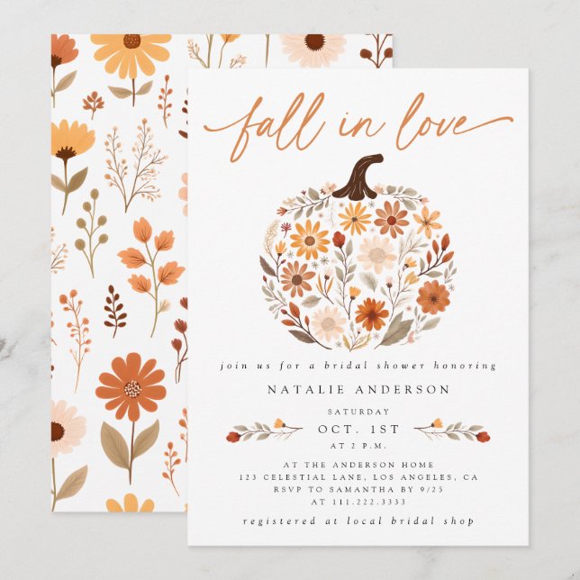 Fall in Love Floral Pumpkin Bridal Shower Invitation (Front/Back)