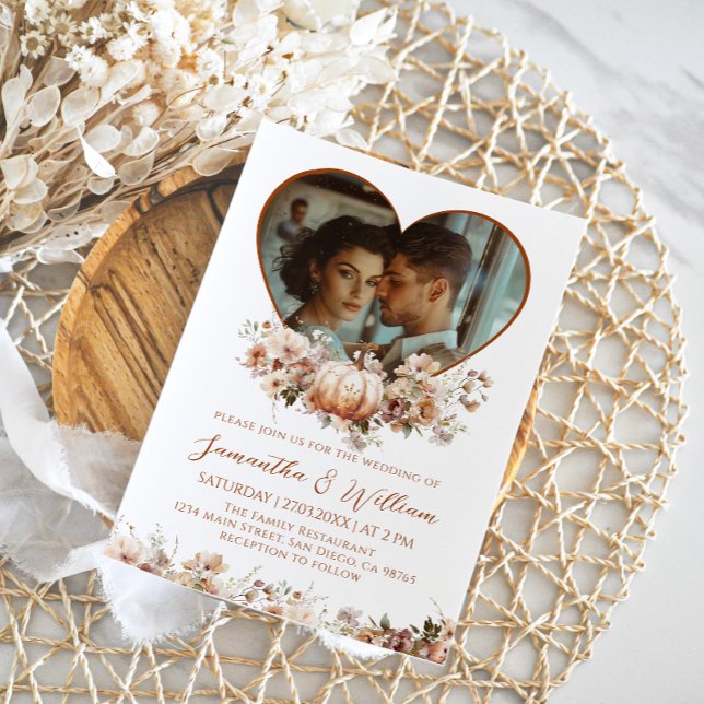 Fall in love Floral Pumpkin Hear Photo Wedding Invitation (Creator Uploaded)