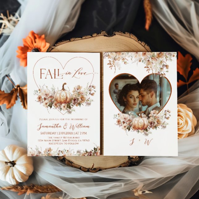Fall in love Floral Pumpkin Hear Photo Wedding Invitation (Creator Uploaded)