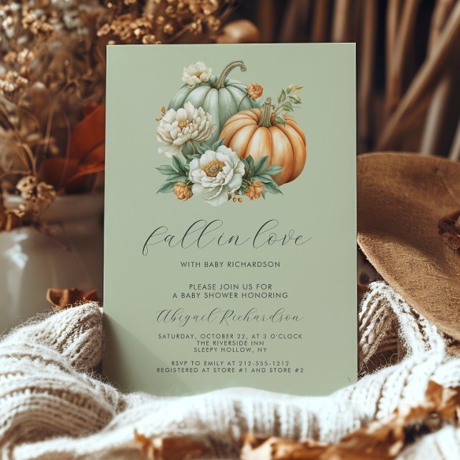 Fall in Love Floral Pumpkin Sage Green Baby Shower Invitation (Creator Uploaded)
