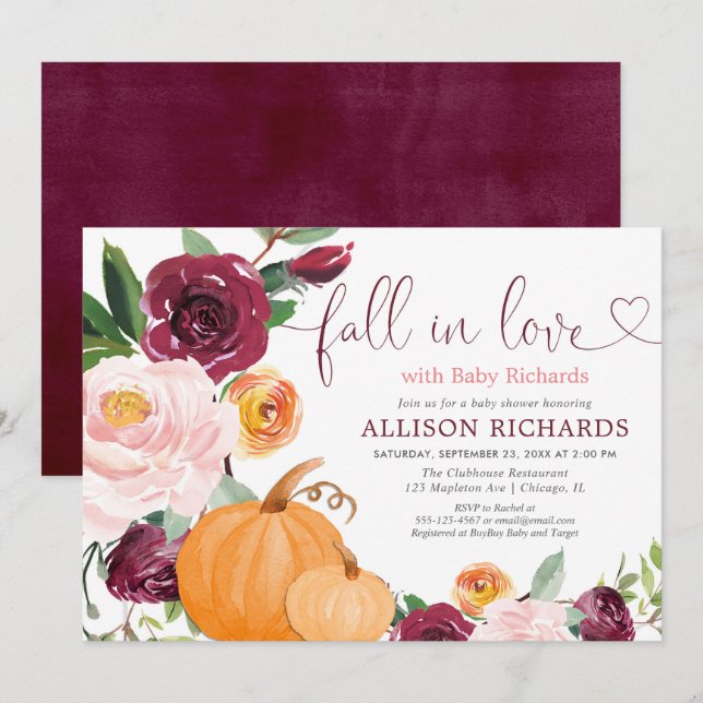 Fall in love floral rustic burgundy baby shower invitation (Front/Back)