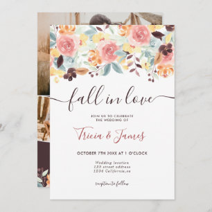 Fall in love floral rustic photo initials wedding invitation