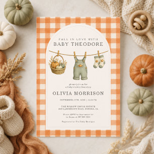 Fall in Love Gingham Clothesline Boy Baby Shower Invitation
