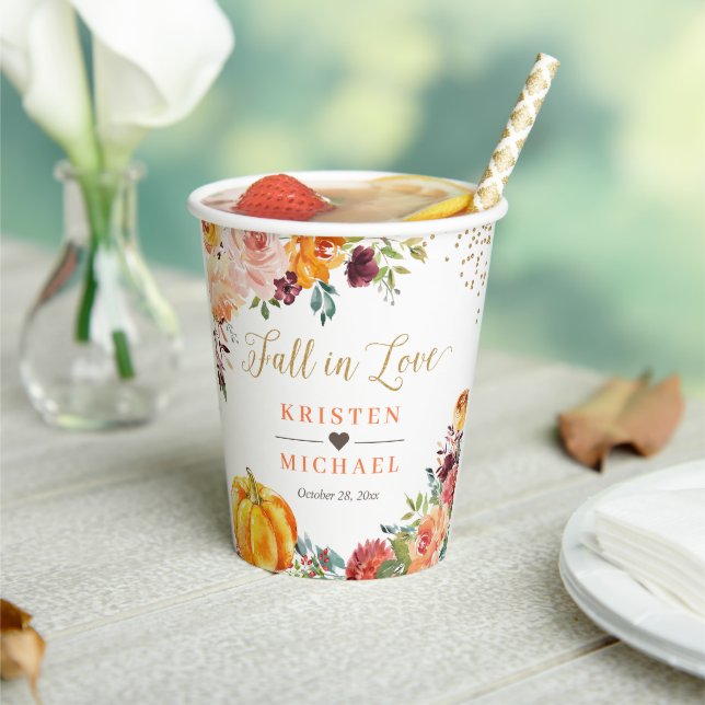 Fall in Love Gold Autumn Floral Pumpkin Wedding Paper Cups (Insitu)