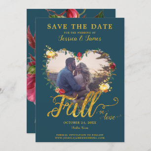 Fall in Love Gold Burgundy Floral Save the Date Invitation