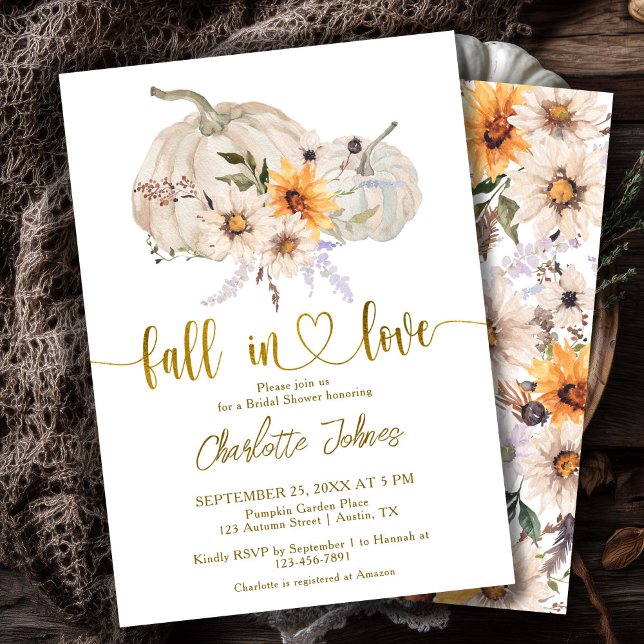 Fall In Love Gold Sunflowers Pumpkin Bridal Shower Invitation (Creator Uploaded)