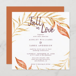 Fall in Love Golden Foliage Burnt Orange Wedding Invitation