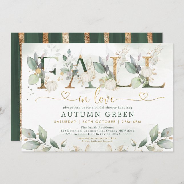Fall in Love Greenery Gold Pumpkin Bridal Shower Invitation (Front/Back)