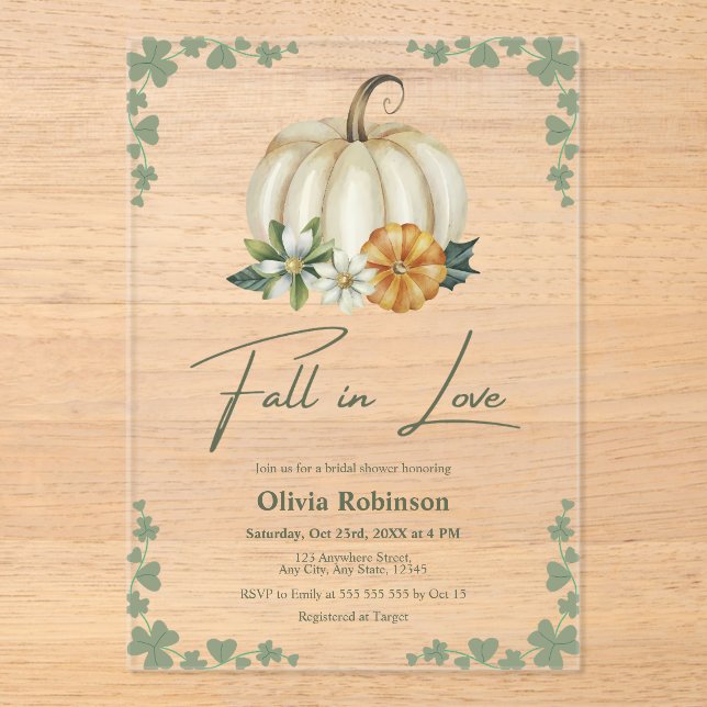Fall in Love Greenery Pumpkin Bridal Shower  Acrylic Invitations (Front)