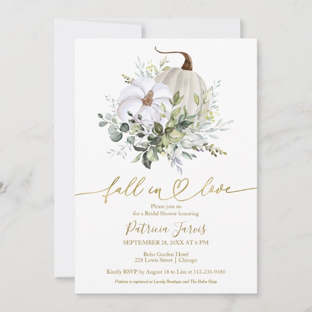 Fall In Love Greenery Pumpkin Fall Bridal Shower Invitation (Front)