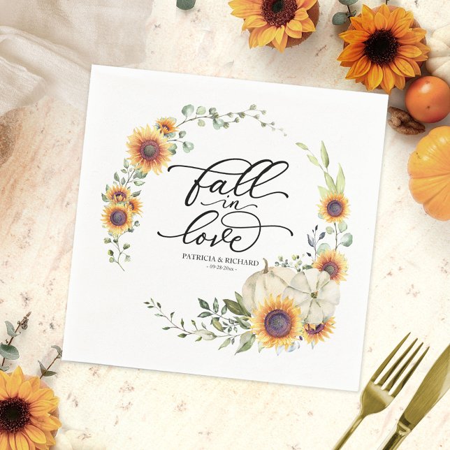 Fall In Love Greenery Sunflowers Wedding Napkin (Creator Uploaded)