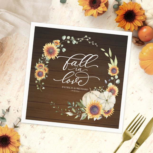 Fall In Love Greenery Sunflowers Wedding Napkin (Creator Uploaded)