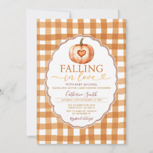 Fall in love Heart Pumpkin Baby shower Gingham Invitation
