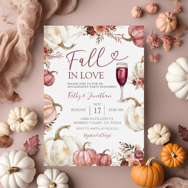 Fall In Love Ivory Pumpkin Floral Engagement Party Invitation (Creator Uploaded)