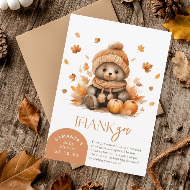 Fall In Love Little Teddy Bear Autumn Leaves Thank You Card (Creator Uploaded)