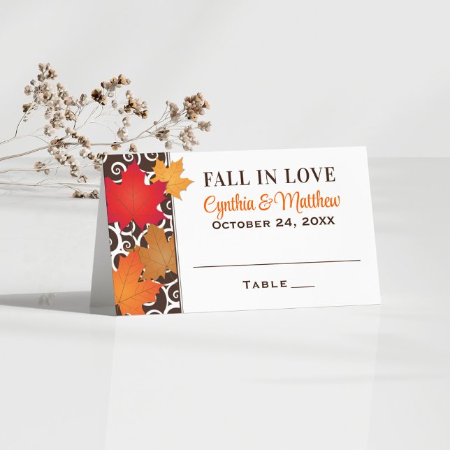 Fall in Love Maple Scrollwork Wedding Place Card (Creator Uploaded)