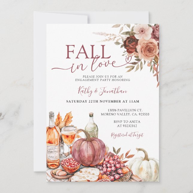 Fall in Love Marsala Floral Pumpkin Engagement Invitation (Front)