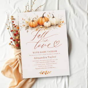 Fall in Love Modern Watercolor Pumpkin Baby Shower Invitation