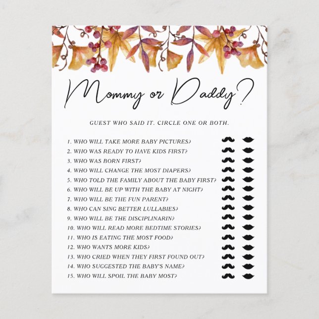Fall in Love Mummy or Daddy Baby Shower Game (Front)
