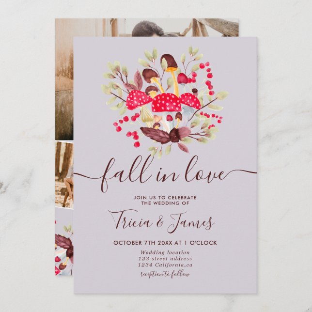 Fall in love mushrooms rustic photo wedding invitation (Front/Back)