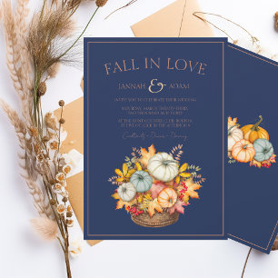 Fall in Love Navy Blue Autumn Pumpkins Wedding Invitation