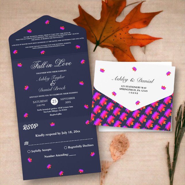 Fall in Love Navy Blue Rustic Chic Fall Wedding All In One Invitation (Creator Uploaded)