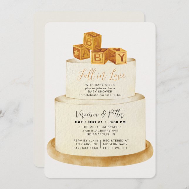 Fall in Love Neutral Autumn Cake Baby Shower Invitation (Front/Back)