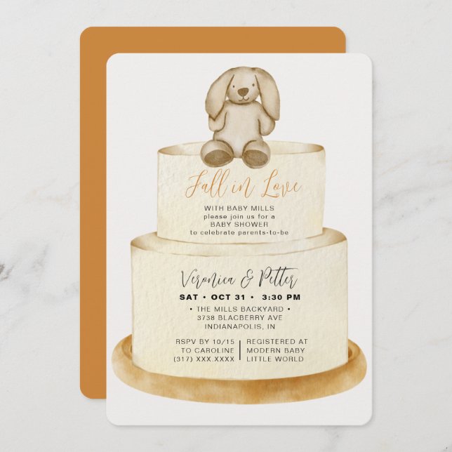 Fall in Love Neutral Autumn Cake Baby Shower Invitation (Front/Back)
