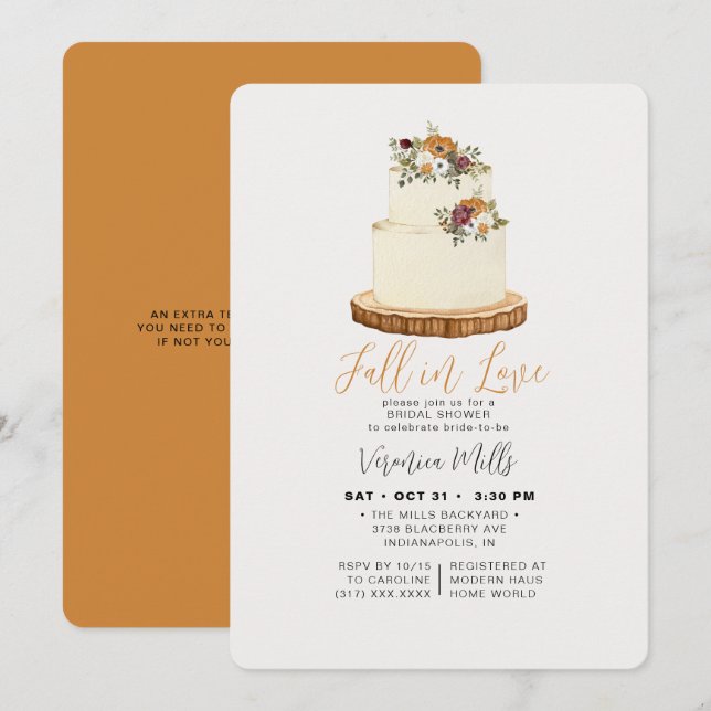 Fall in Love Orange Autumn Cake Bridal Shower Invitation (Front/Back)