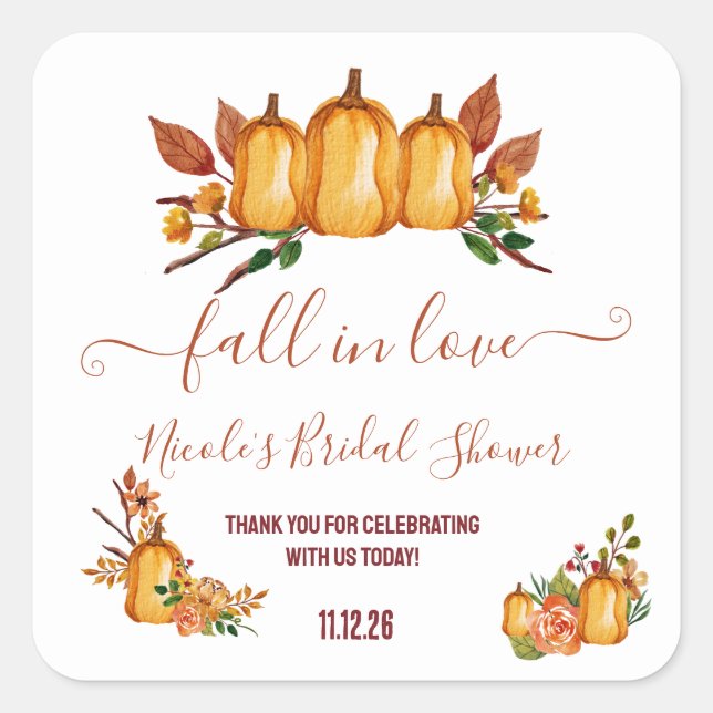 Fall in Love, Orange Pumpkin, Floral Bridal Shower Square Sticker (Front)