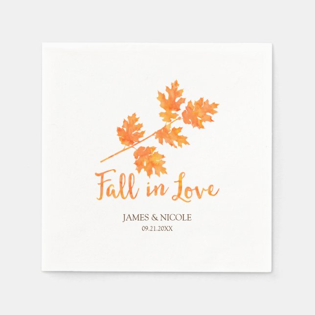 Fall in Love Orange Watercolor Leaves Wedding Napkin (Front)