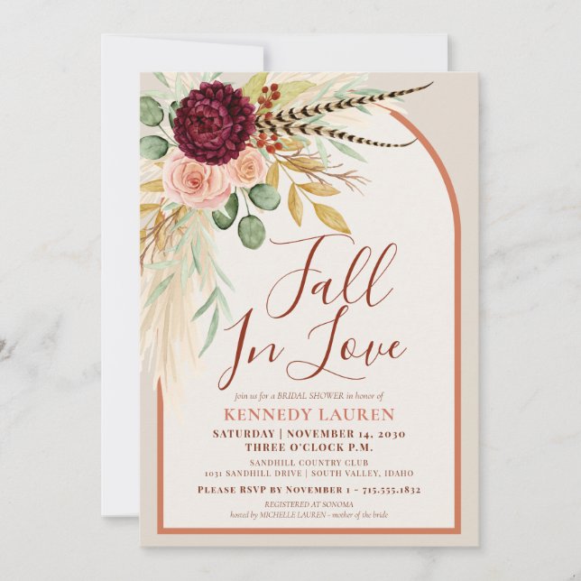 Fall In Love Pampas Floral Rust Arch Bridal Shower Invitation (Front)