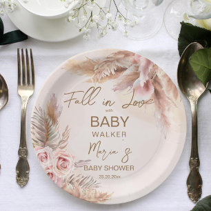 Fall in love pampas grass boho baby shower paper plate