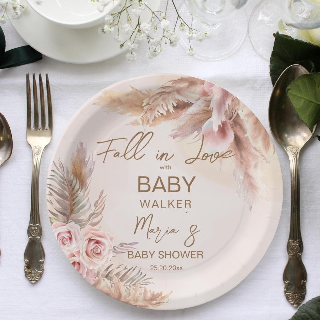 Fall in love pampas grass boho baby shower paper plate (Fall in love baby shower personalized plates pampas grass boho roses pastel beige fall themed baby)
