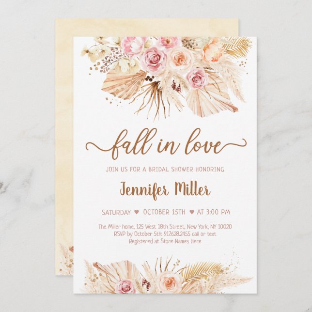 Fall In Love Pampas Grass Boho Bridal Shower Invitation (Front/Back)