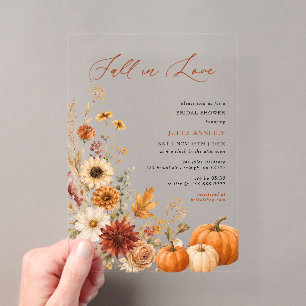 Fall in Love Pampas Grass Pumpkin Bridal Shower Acrylic Invitations
