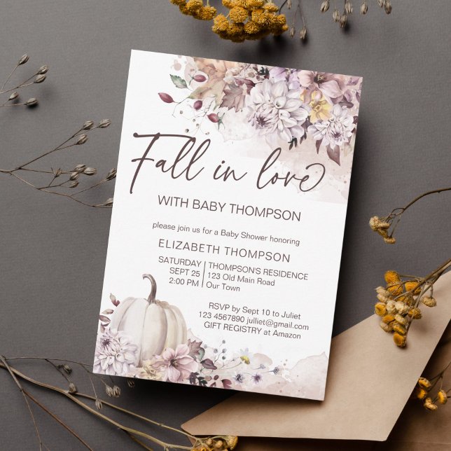 Fall in love pastel foliage pumpkin baby shower invitation (Fall in love autumn baby shower chrysanthemums pumpkin watercolor foliage invite template )